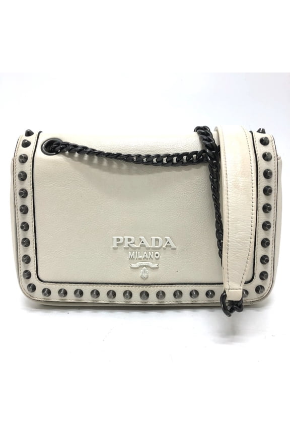 Pre-Owned PRADA 1BD147 Logo Stud Chain Shoulder Bag, 2-Way, Leather, Women's, White (Fair)