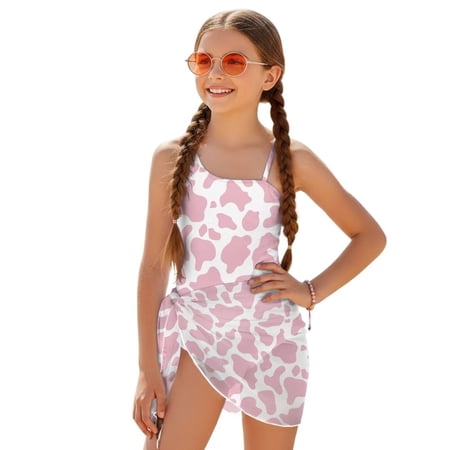 Xoenoiee Pink Cow Pattern Girls One Piece Swimsuit Cut Out Bathing Suit Tummy Control Swimwear with Cover Up Skirt for Vacation Beach Pool 17-18 Years