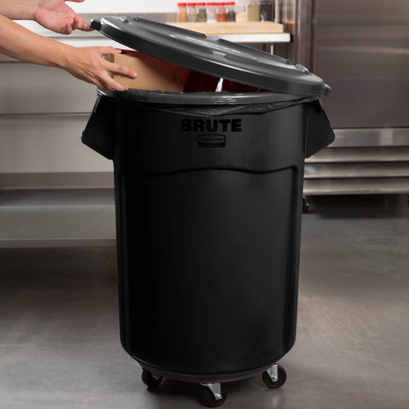 Rubbermaid BRUTE 55 Gallon Black Executive Round Trash Can with Lid and Dolly