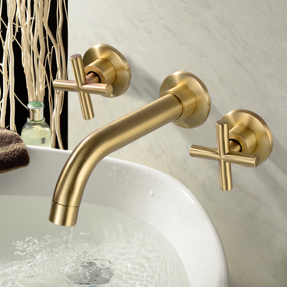 Gold Bathroom Brass Faucet Sink Tub Wall Mounted 3-Hole Dual Handle Mixer Tap for Home Bathrooms