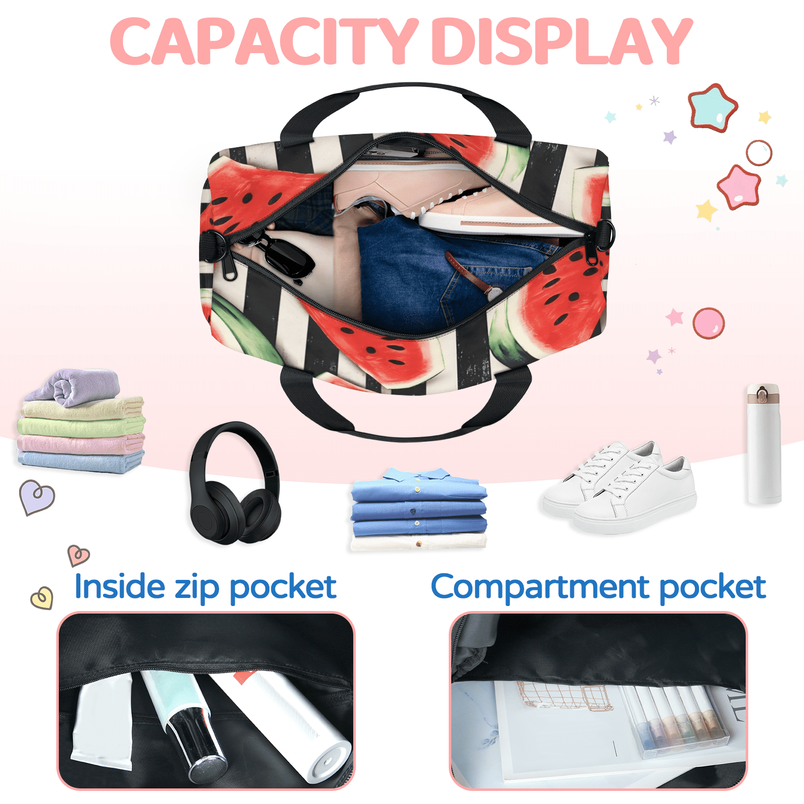 Herdesigns Watermelon Gym Bag for Women, Duffle Bag for Travel Sport, Lightweight Waterproof Carry on Weekender Overnight Dance Yoga Workout Bags