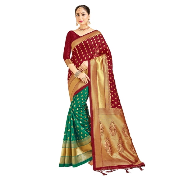 Sarees for Women Banarasi Art Silk Woven Sari - Indian Gift Diwali Festival Saree & Unstitched Blouse Maroon