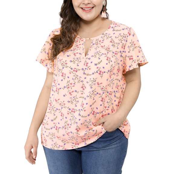 Unique Bargains Women's Plus Ruffle Short Sleeve Keyhole Chiffon Blouse Top Pink 1X