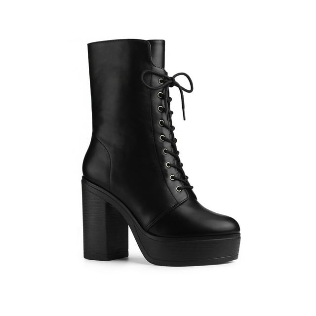 Unique Bargains Women's Lace Up Platform Chunky Heels Combat Boots