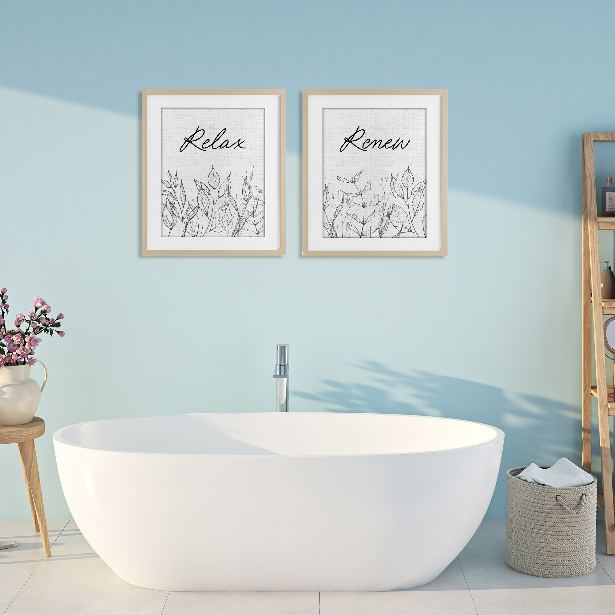 Relax and Renew Leaf Outlines 2 Piece Birch Framed Print Under Glass Set, design by Lettered and Lined