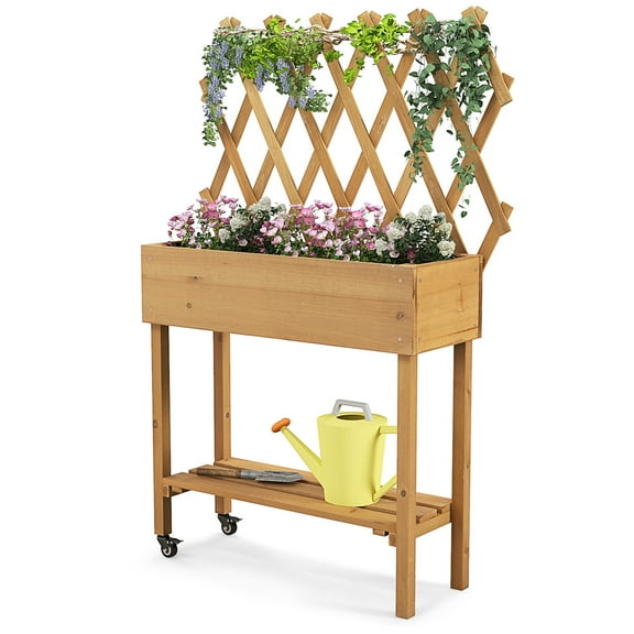 Costway Wood Raised Garden Bed with Trellis Storage Shelf Wheels Liner Drainage Holes