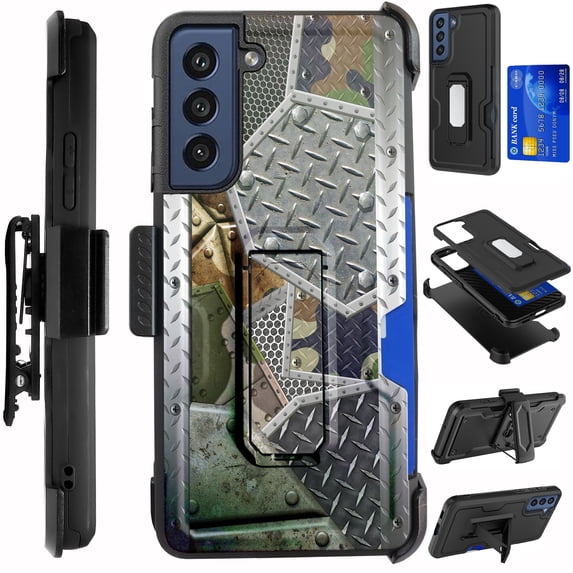 Compatible with Samsung Galaxy S22 Plus 6.6" Hybrid Card Holster Phone Case Cover (Camo Scrap Metal)