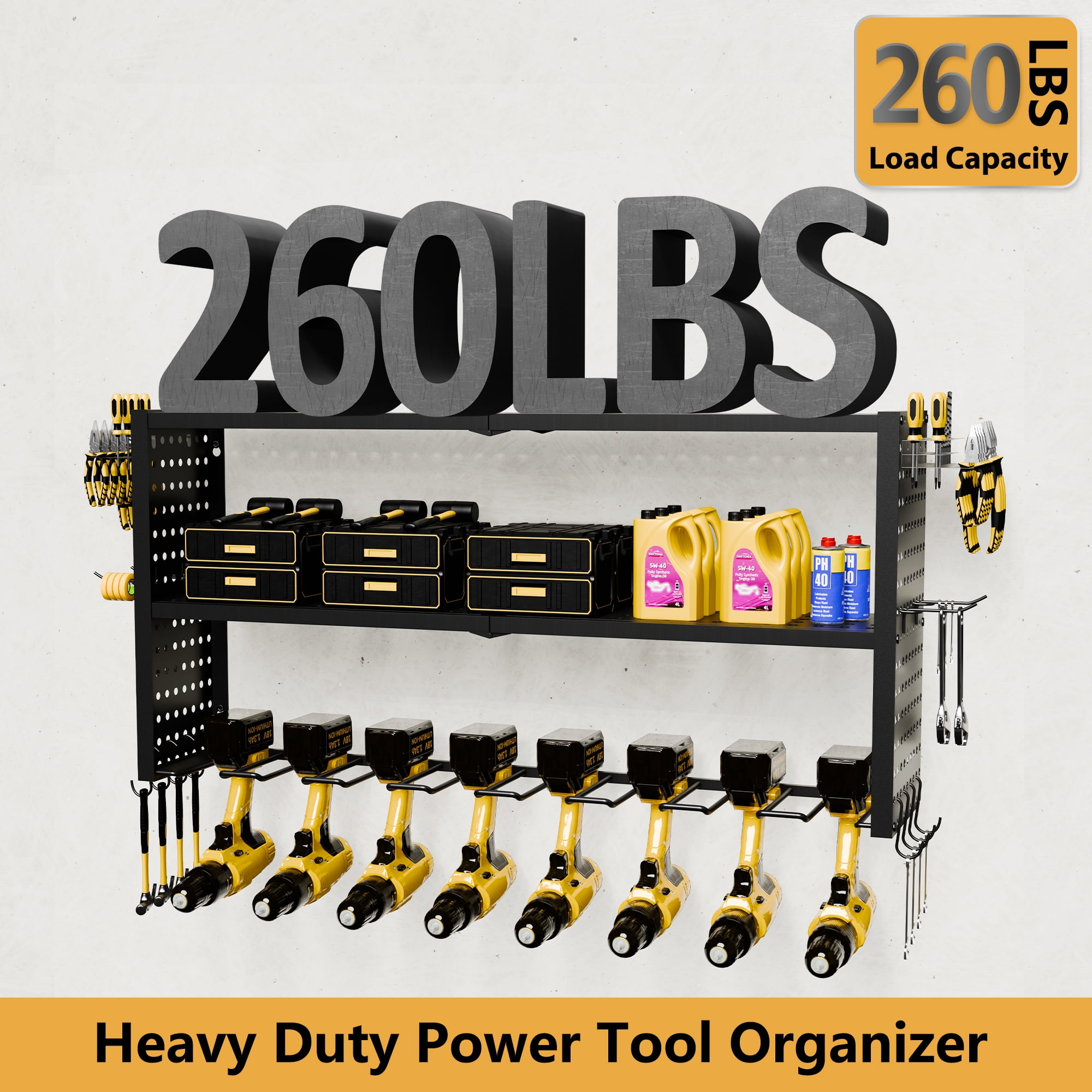 YHGJ Wall Mount Power Tool Organizer 8 Drill Holder, 3 Layer Heavy Duty Metal Storage Rack Floating Tool Shelf with Pegboard, Garage Tool Organizer with Screwdriver/Plier/Hammer Holder