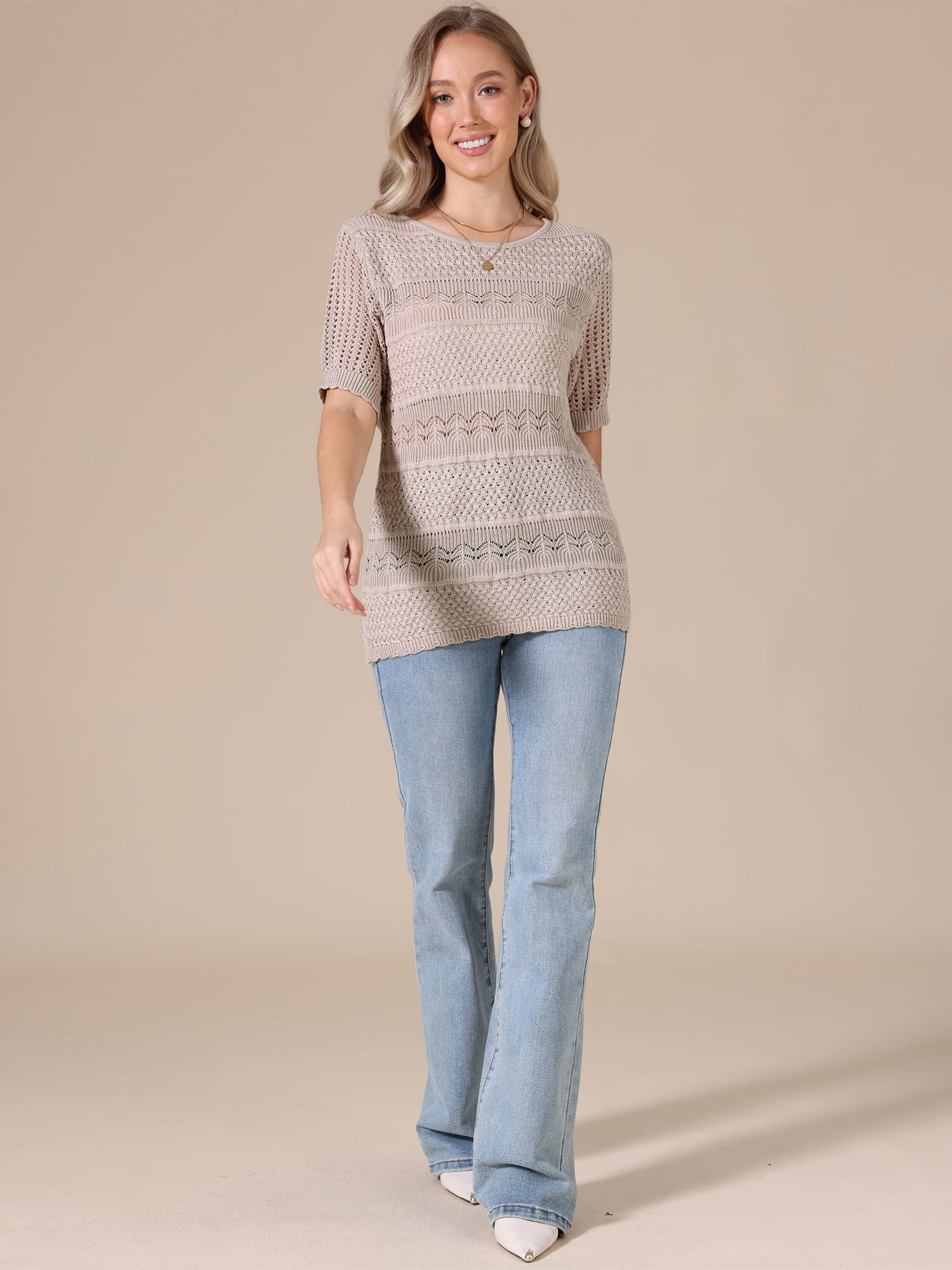 DARING DIVA Women's Crochet Tops Lightweight Short Sleeve Pullover Knit Blouses S Khaki