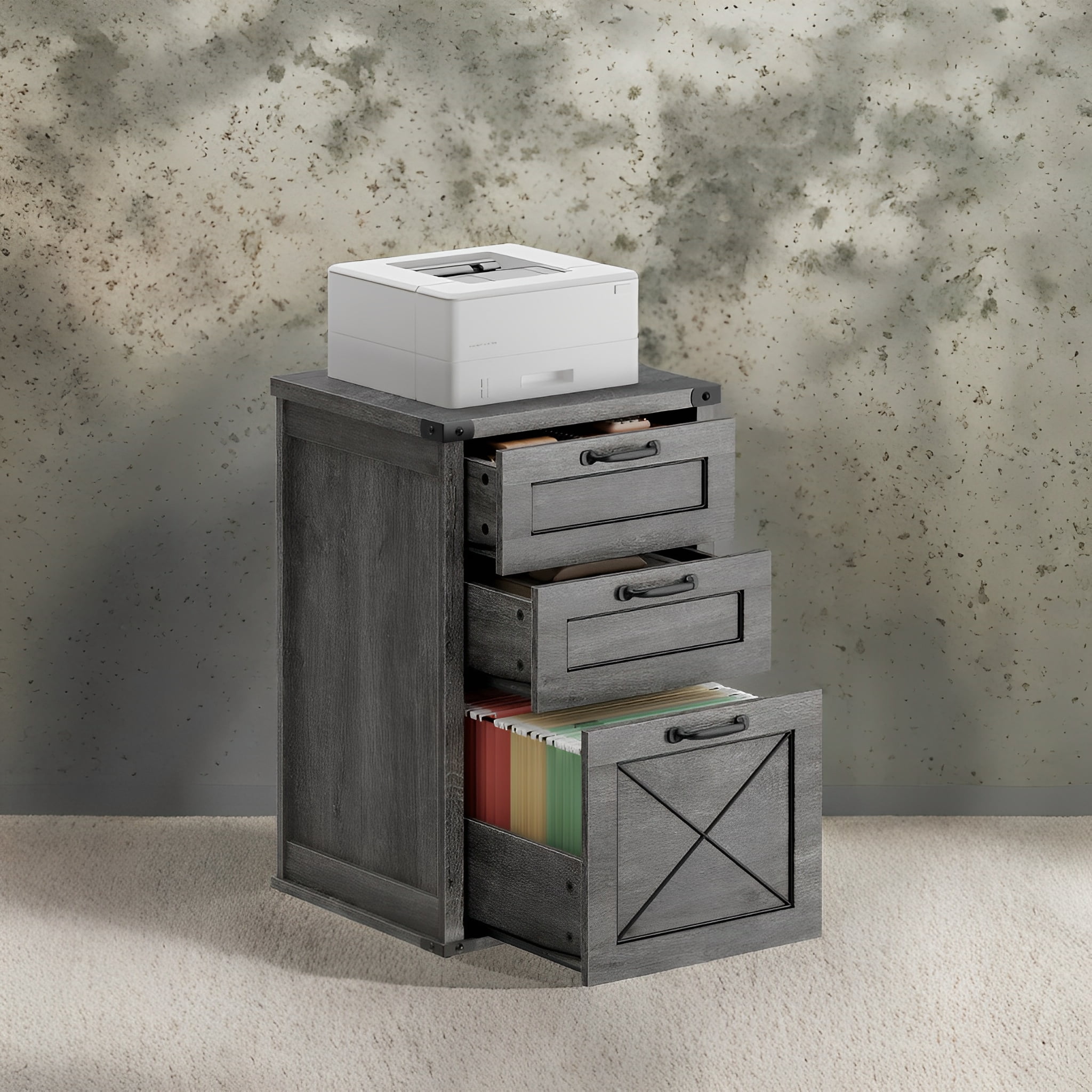 LEDREM 3-Drawer File Cabinet, Farmhouse Style Printer Stand for Home Office, Holds A4 Letter Files, Silent Slides & 110lb Capacity, Misty Gray