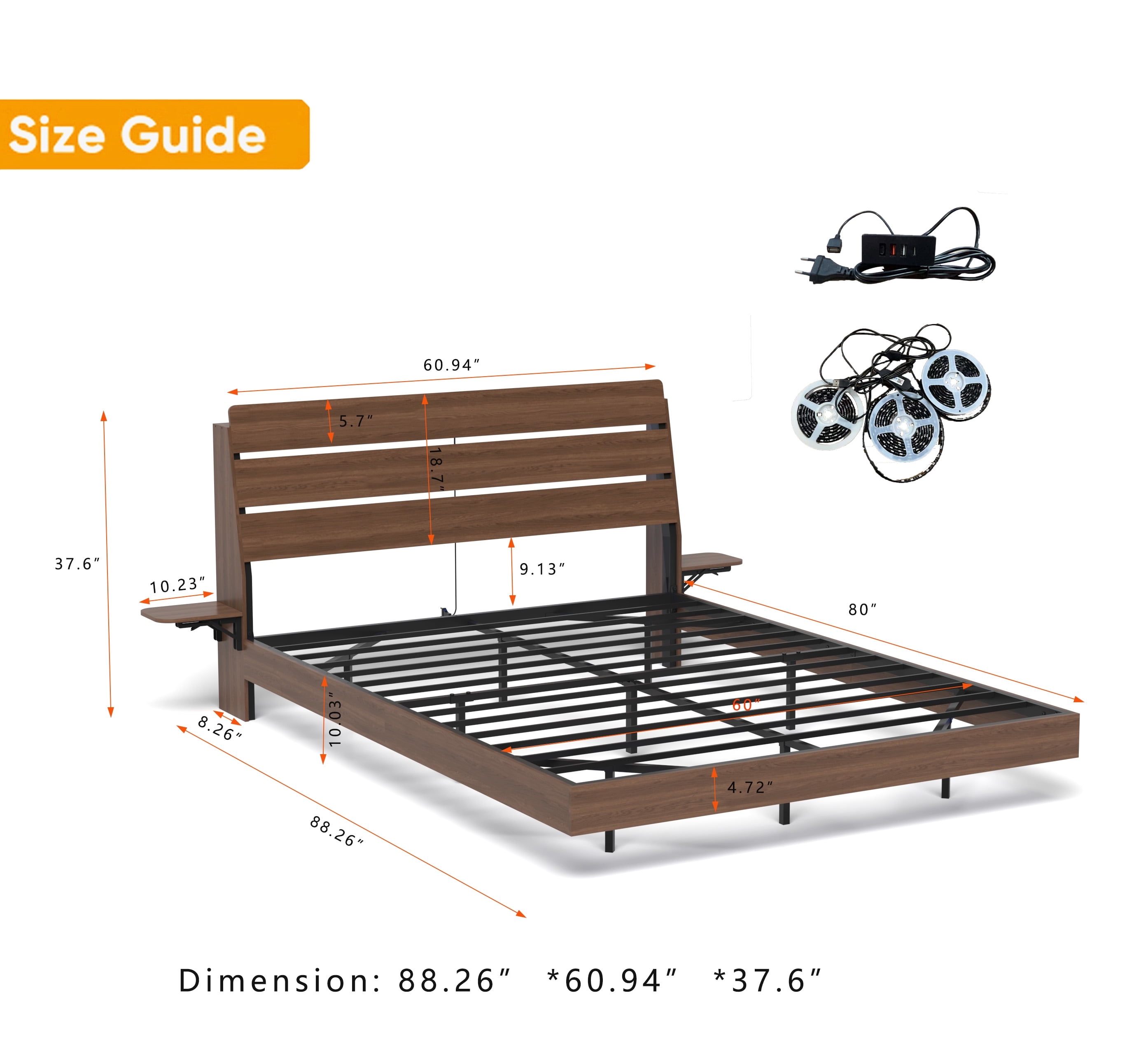 Miniyam Queen Floating Bed Frame with RGB LED Lights, Storage Headboard & USB Charging Station, Walnut