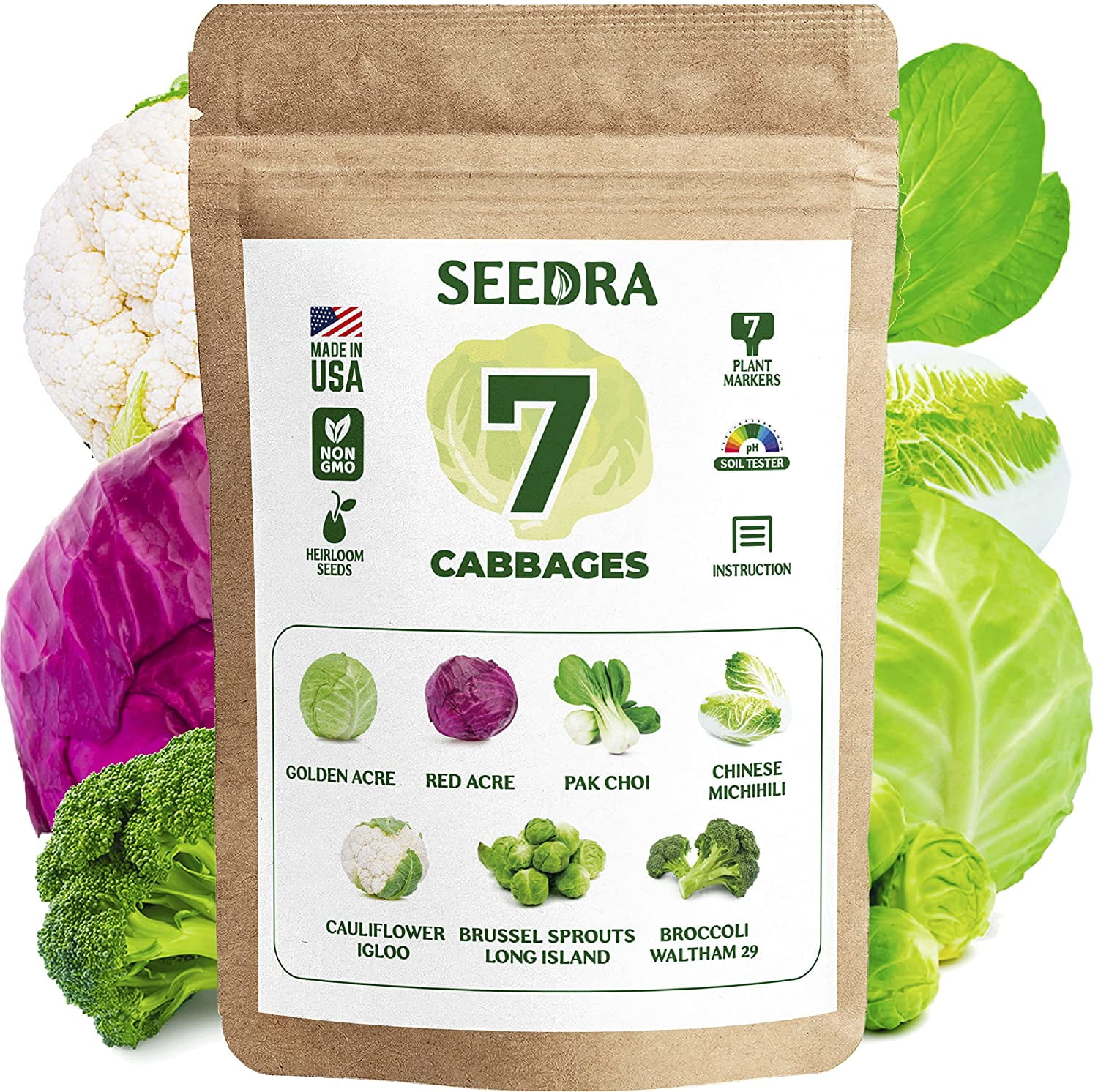 SEEDRA.US 7 Cabbage Seeds Variety Pack 2245+ Non GMO, Heirloom Seeds for Indoor Outdoor