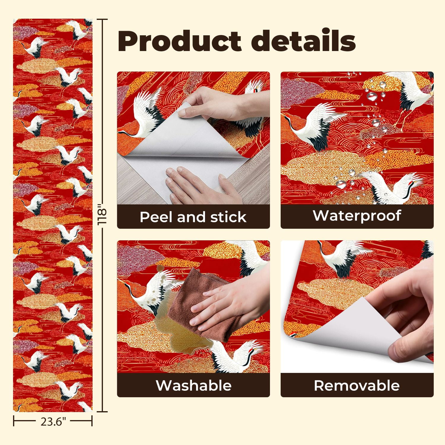 Crane Peel and Stick Wallpaper 23.6in x 9.8ft Elegant Japanese Red crowned Cranes Contact Paper Vinyl Waterproof Self Adhesive Wall Paper for Bedroom Shelf Cabinet Renter Friendly