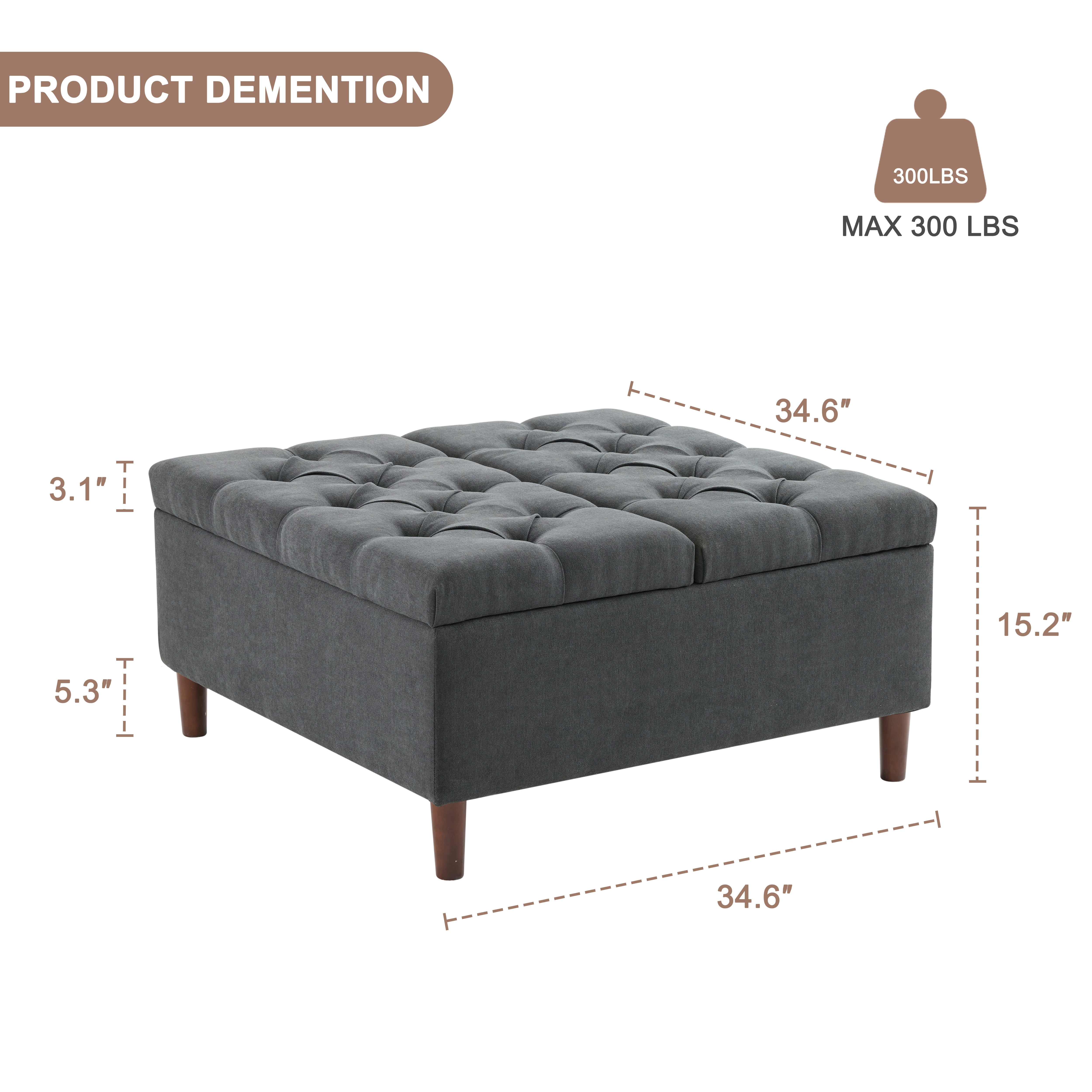 Weture Tufted Modern Ottomans, Fabric Dark Gray, 34.60 x 34.60 x 17.70 in, 54.45 lb