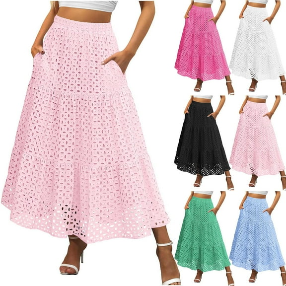 Bixock Women's Pleated Maxi Skirt,High Waisted Cutout Skirt,Solid Color Lace Multi-Layer Ruched Breathable Daily Wear with Lining