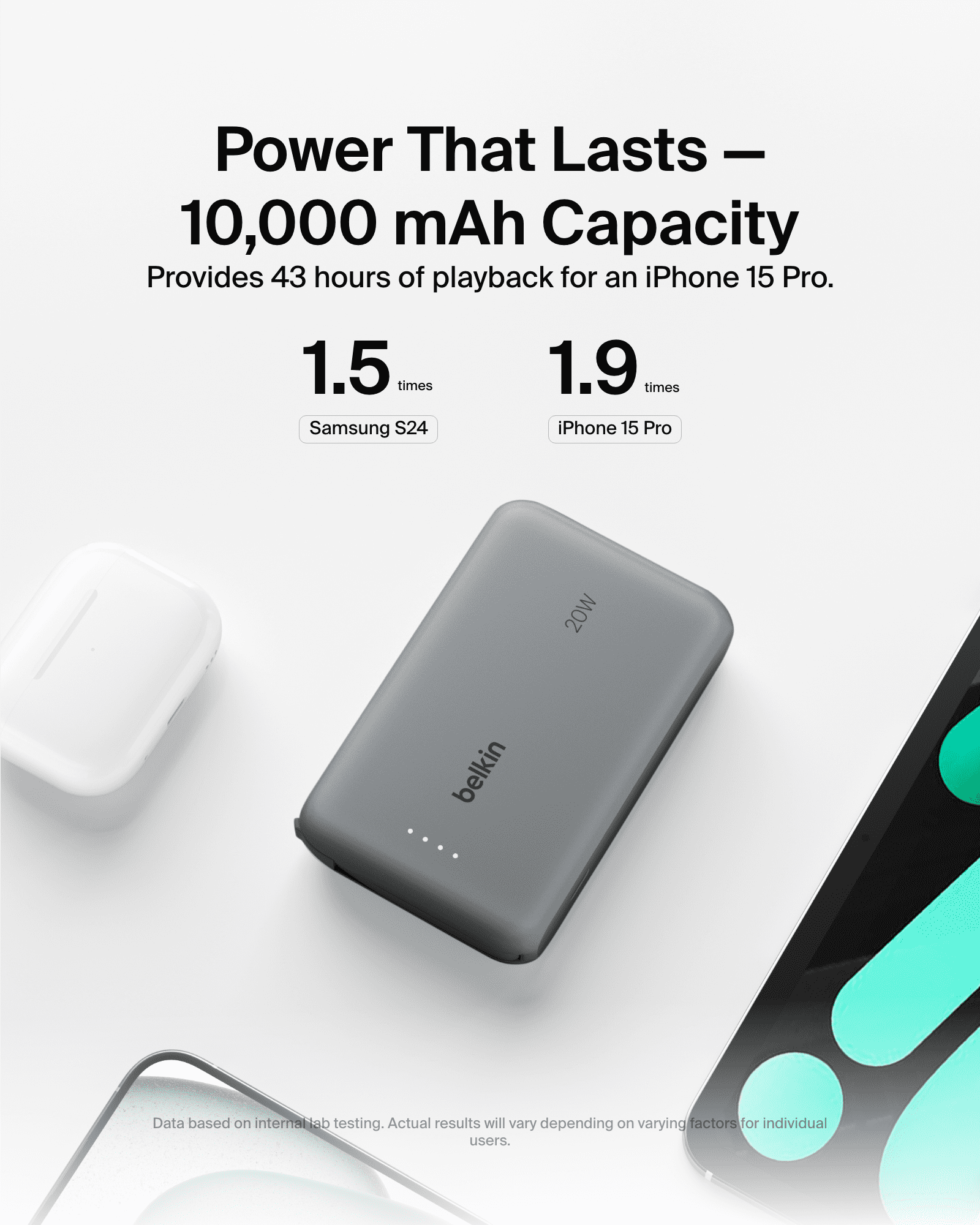 Belkin Portable Charger, Power Bank 10,000mAh with Integrated Cable - 20Watt Fast Charge USB-C Power Delivery, Portable iPhone Charger for iPhone 16 Series, iPad Pro, Galaxy S25, and More - Gray