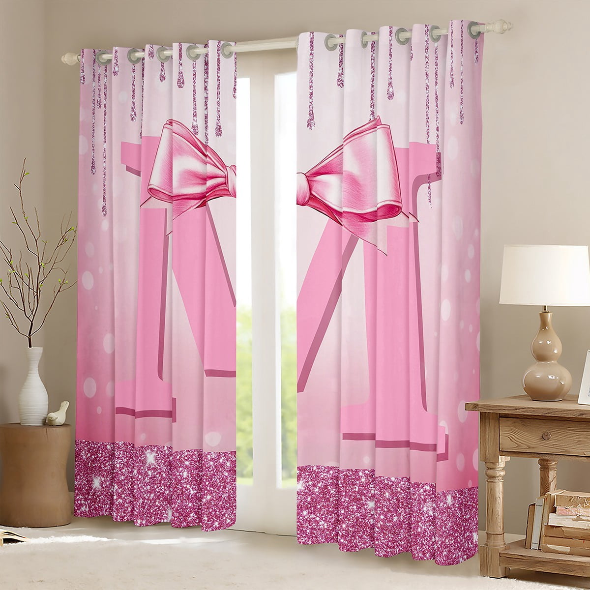 jejeloiu Monogrammed M Blackout Curtains Set of 2 (52x84 Each),Cute Girls Bowtie Window Curtains,Pink Glitter Print Curtains and Drapes For Child,Microfiber Room Decorative