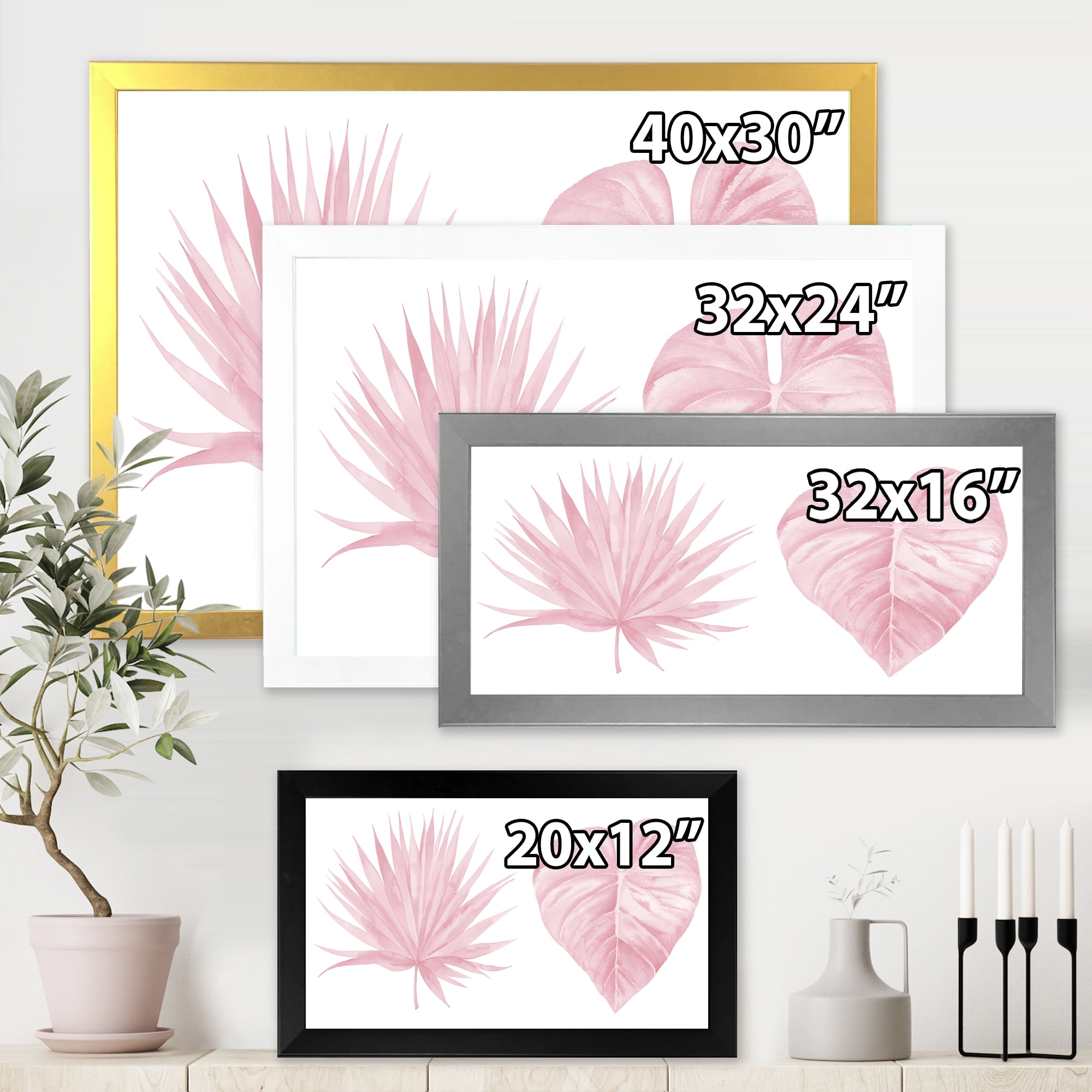 Designart 'Tropical Pink Watercolour Leaves On White II' Shabby Chic Framed Art Print