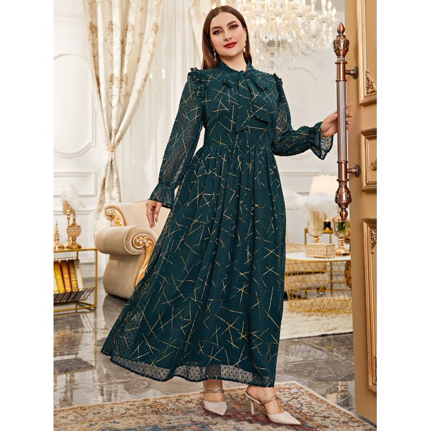 Elegant Women's Plus Swiss Dot Geo Print Flounce Sleeve Tie Neck Dress 2022 Dark Green 0XL(12) S060001X