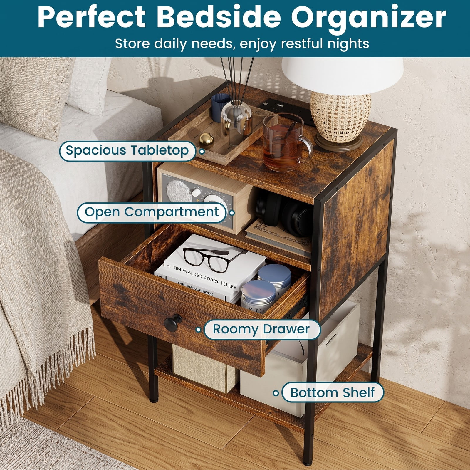 Furnibear Nightstand with Charging Station and USB Type-C Ports plus Drawer and Open Shelf for Bedroom and Living Room, Rustic Brown