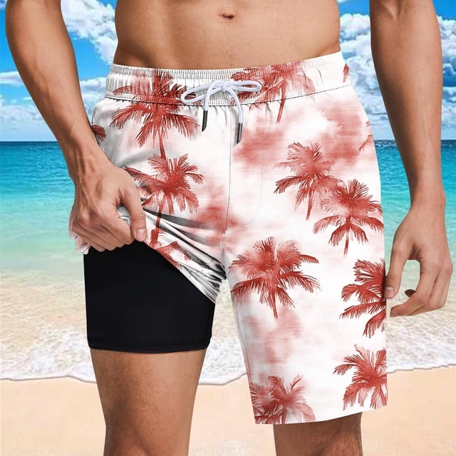 Sentmoon Mens Swim Trunks with Compression Liner High Waist Straight 2025 Summer Running Shorts Drawstring Palm Tree Print Quick Dry Basketball Shorts Side Pockets Stylish for Vacation Trip Red S