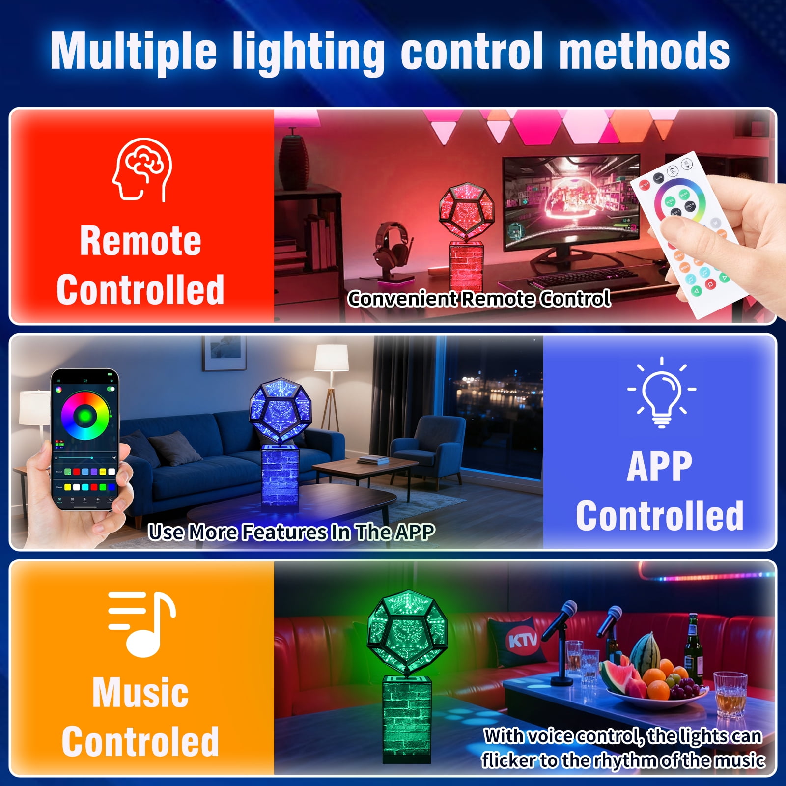 Upgraded Rotatable Infinity Mirror Light Cool LED Changing Night Light Dodecahedron Lights with Music Sync Function for USB Power Supply for Computer Game Table Birthday Gift