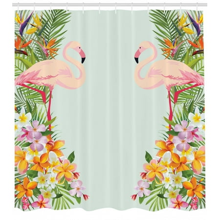 Floral Shower Curtain Flamingo Birds And Tropical Flowers Exotic