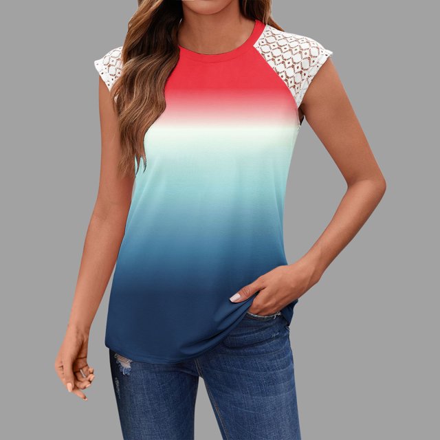 JMKQLZ Mode Femme Col Rond Dentelle Sans Manches T-shirt Imprimé