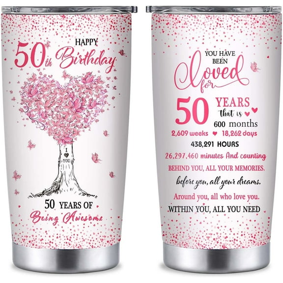 50th Birthday Gifts for Women, 20 oz Insulated Tumbler Gifts for 50 Year Old Women, Funny Fifty Birthday Cup Present(Pink)