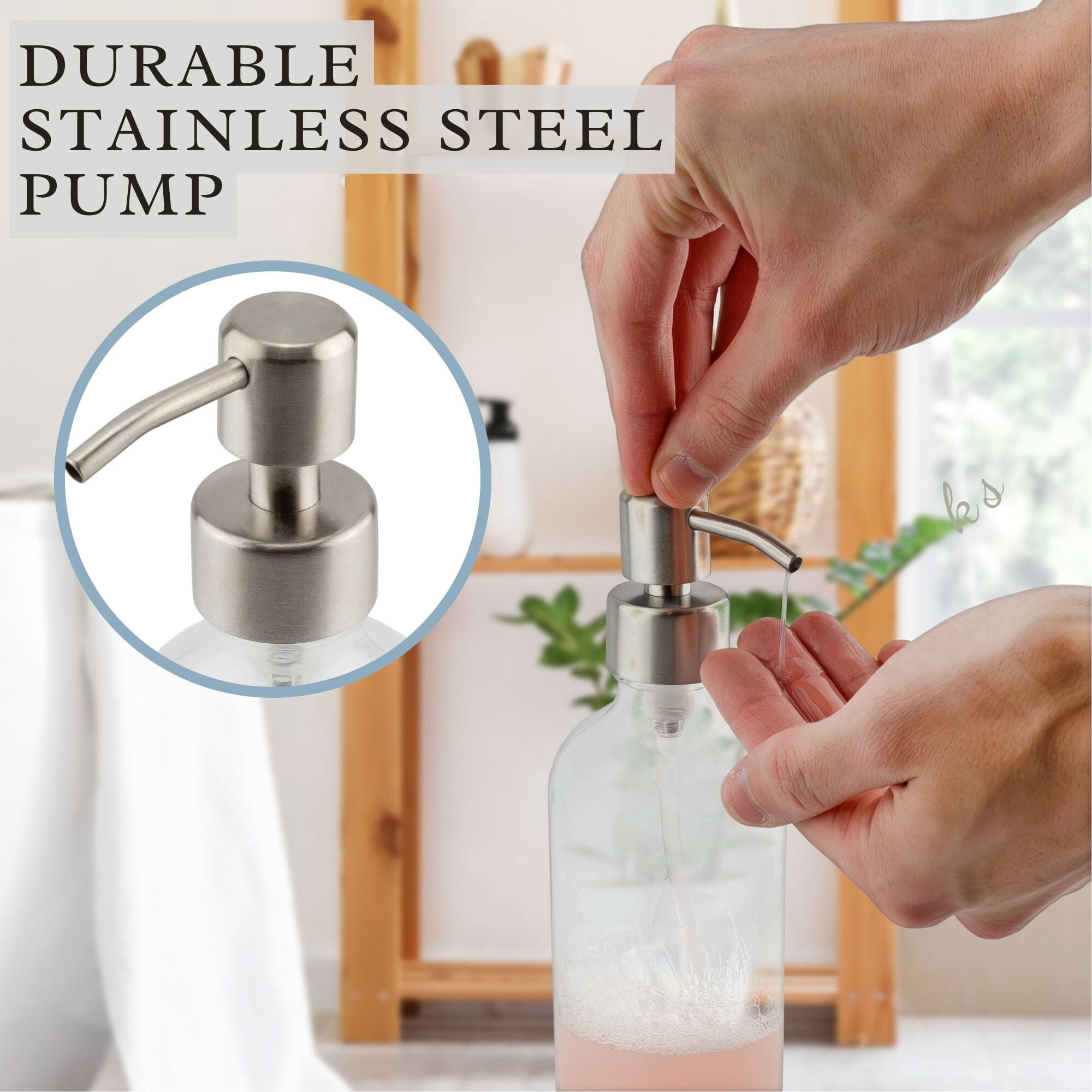 Cornucopia Brands 8oz Clear Glass Bottles w/ Stainless Steel Lotion Pumps (4-Pack); Liquid Soap & Lotion Pump Dispensers