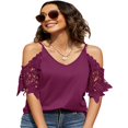 thumbnail image 2 of CHUANK Womens Summer V Neck Cold Shoulder Tops T Shirts Cut Out Lace Short Sleeve Solid Color Blouses Shirt, 2 of 7
