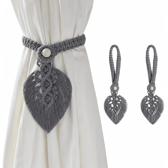 Handmade Curtain Tiebacks 2 Pack Farmhouse Drapery Holdbacks Hand-Woven Cotton Rope with 2 Beads Bohemian Style Gray