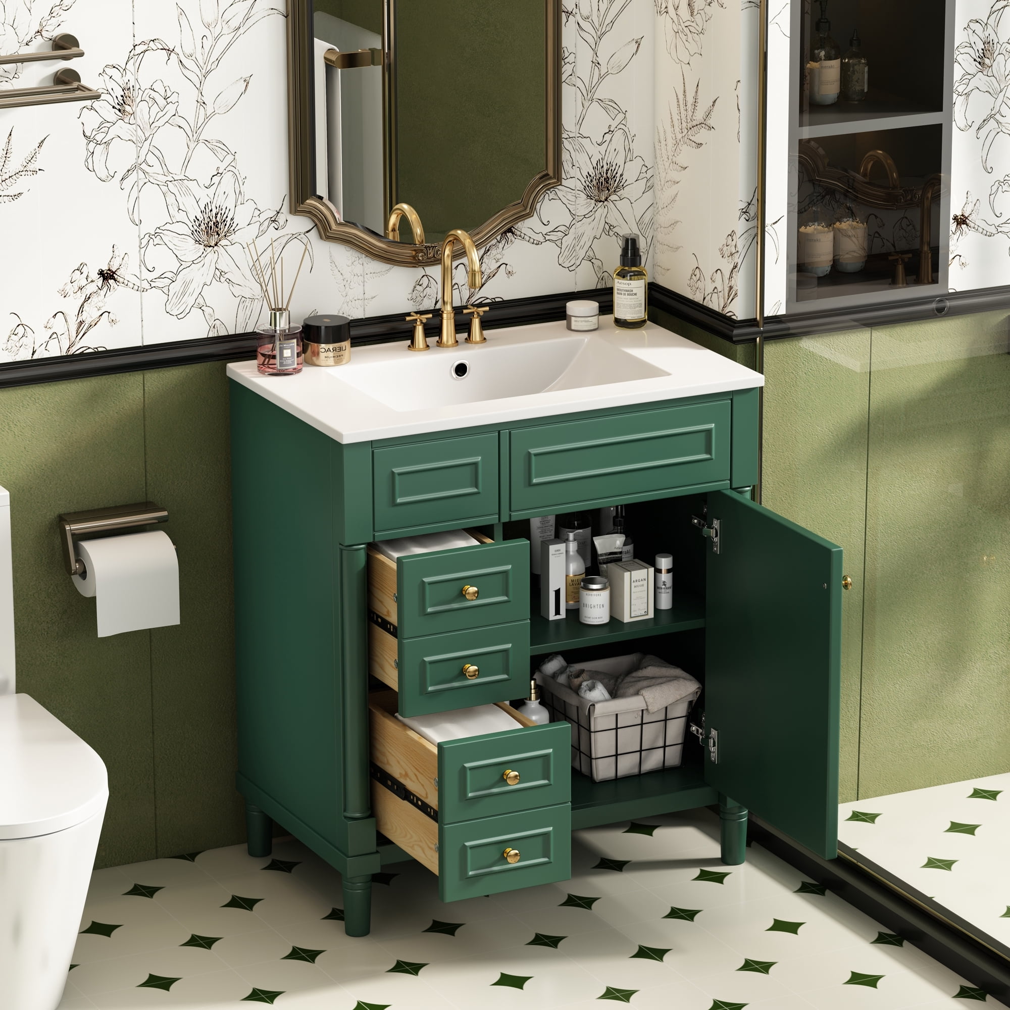 Euroco Modern Bathroom Vanity with Sink, 2 Drawers and Cabinet with Adjustable Shelf, Soft-Close Doors and Solid Wood Legs, Elegant Storage Cabinet for Bathroom