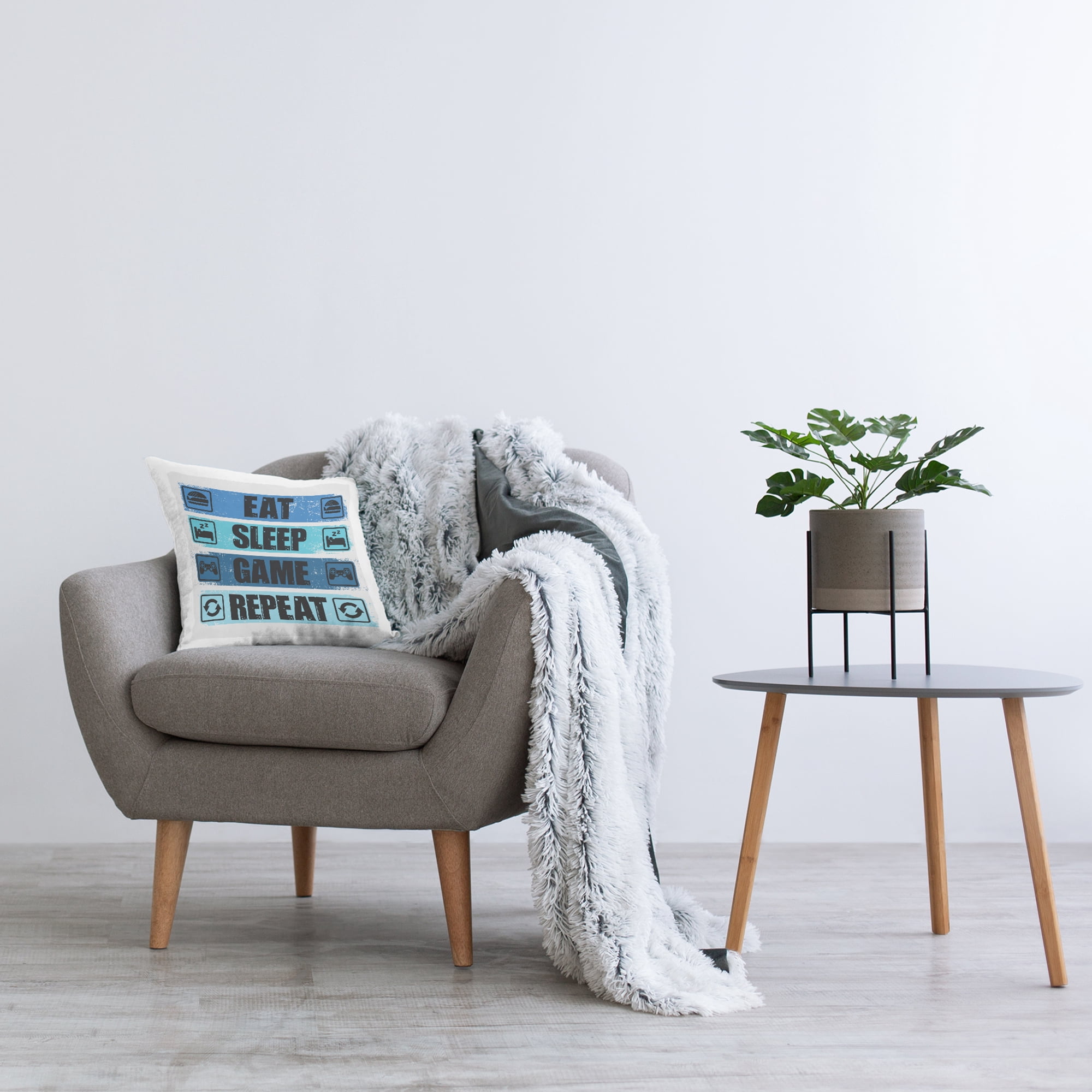 Stupell Industries Eat Sleep Game Repeat Blue Phrase Printed Throw Pillow Design by Angela Nickeas
