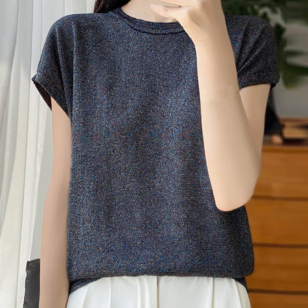mfyjkho Tops De Moda Para Mujer, Blusas Y Camisas De Cuello Redondo De Manga Corta De Punto De Color Liso Para Mujer Tops De Gimnasio Para Mujer L
