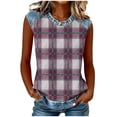 thumbnail image 2 of Uootdi Women's Sleeveless Tops Crew Neck Denim Panel Plaid Print Tops Casual Soft Waffle Knit Blouses Gift, 2 of 7