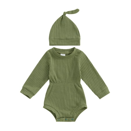 

Okbabeha Baby 2-piece Outfit Long Sleeve Crew Neck Solid Romper with Hat