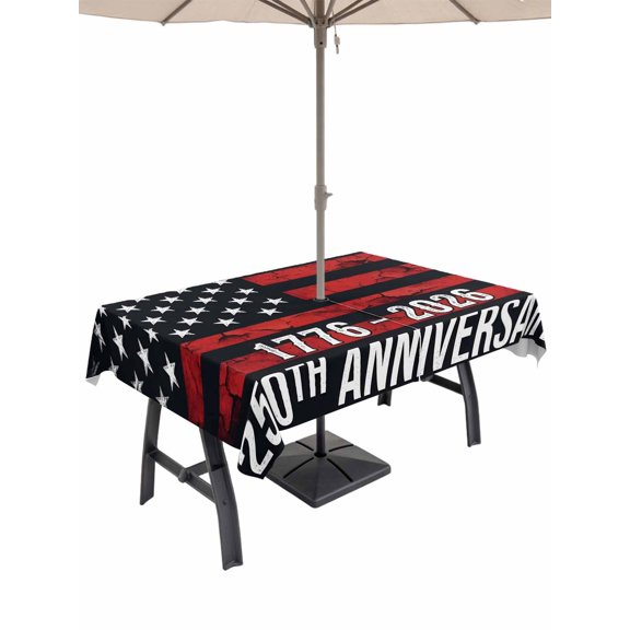 Outdoor Tablecloth with Umbrella Hole for Patio/Picnic/Party/Camping, Year American Anniversary Flag Waterproof Table Cloth Rectangle Table Cover Washable, USA Black Red (60"x 84")