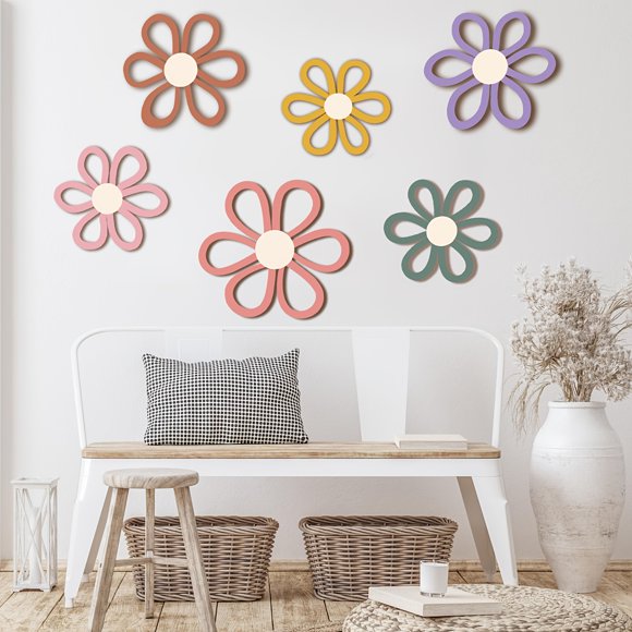 6pcs Bohemian Pack Daisy Wall Decor, Wooden Daisy Wall Decals, Flower Wall Hangings for Home, Bedroom, Farmhouse Style, Bathroom Decoration, Living Room Decor