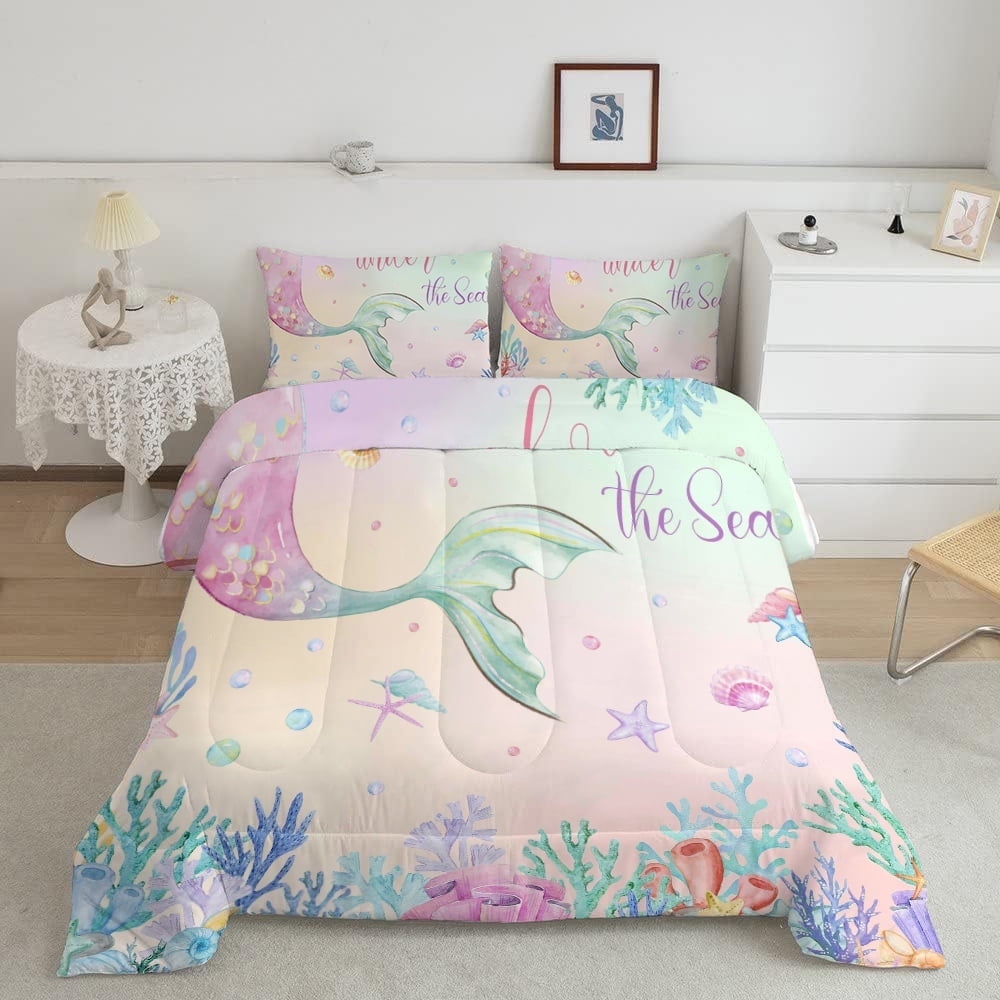 JJCOITR Cartoon Mermaid Tail Comforter Set Rainbow Twin Size Bedding Set for Kids Girls Bedroom All Season 3 Pieces