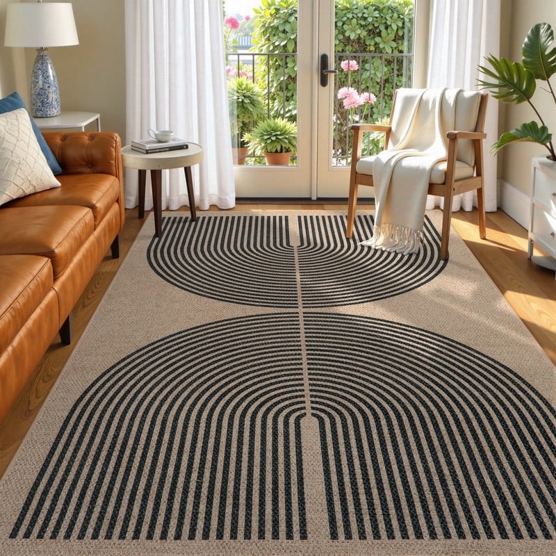 RUG ROBOT 5'x7' Easy Jute Rug, Washable Non Slip Area Rugs for Living Room, Modern Rainbow Indoor Outdoor Rugs, Farmhouse Carpet Natural Rug for Dining Room Bedroom Deck Porch