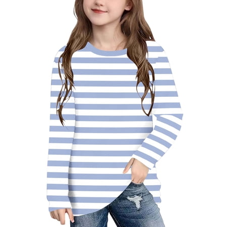 Purcolt Long Sleeve Shirts for Girls Vintage Stripes Crewneck Tops Casual Soft Loose Fit Basic Tees Pullover 3-14 Y
