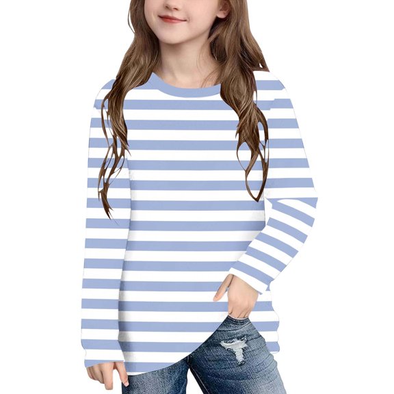 Crunowin Girls Long Sleeve Tees Striped Color Block Lightweight Spring Fall Fashionable Shirts Blue Size 9 Years