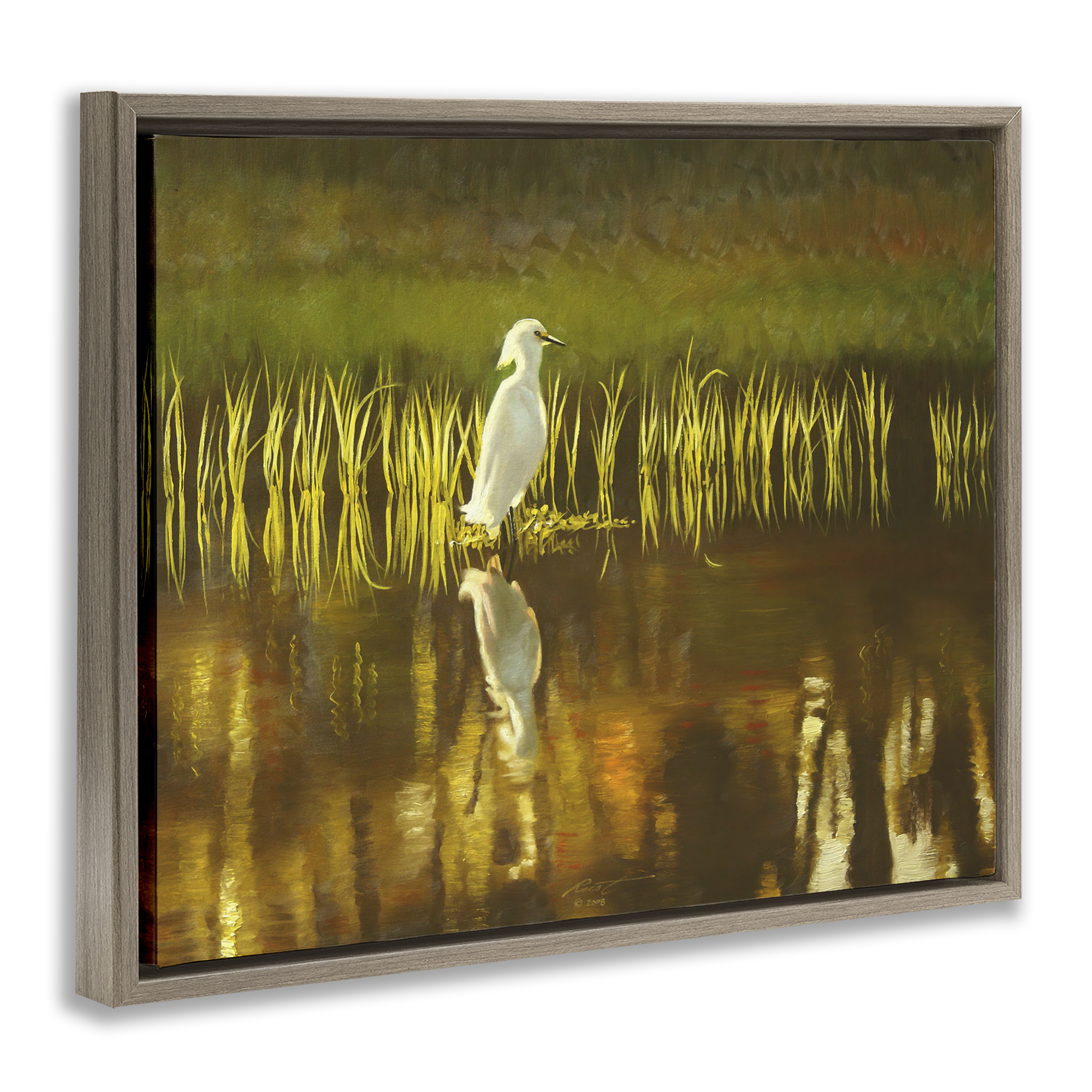 Stupell Industries Bird & Lake Botanicals Landscape Painting Brown Floater Framed Canvas Art Print Wall Art, 31 x 25