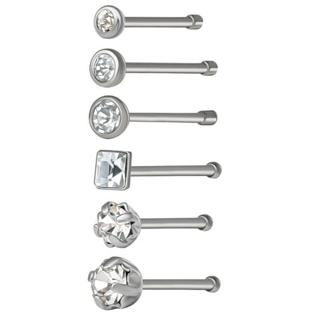 Body Jewelry Women's Stainless Steel 22G Crystal Stud Nose Rings, 6 Pack