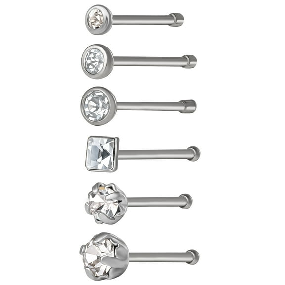 Body Jewelry Women's Stainless Steel 22G Crystal Stud Nose Rings, 6 Pack