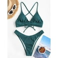 thumbnail image 2 of ZAFUL Women Swimsuit Cinched Ribbed Lace Up Brazilian Bikini Swimwear Deep Green M, 2 of 6