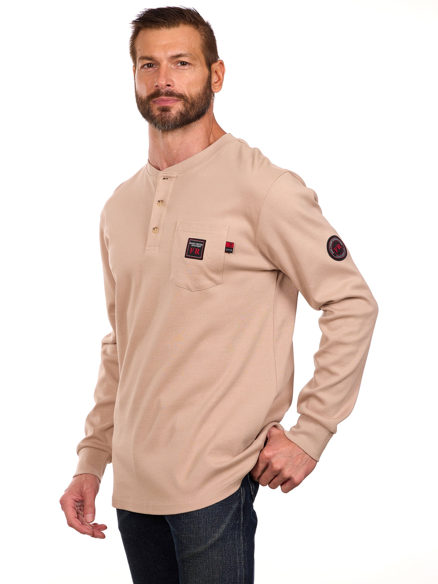 Bass Creek Outfitters Men's Flame Resistant Long Sleeve Henley Knit Top, Sizes M-2XL
