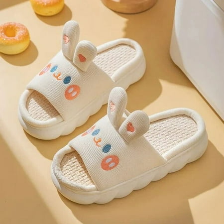 

Woman ultra light summer breathable bunny slipper Open toe odorless flax slippers women‘s house slides contton linen slipper