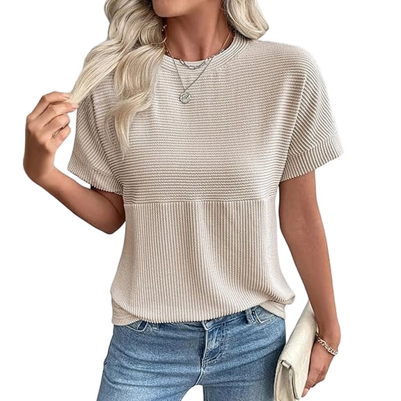 Stichou Short Sleeve Shirts for Women Crewneck Color Block Knit Tops Spring Fall Trendy Cap Sleeve Vest Tee Beige 2XL